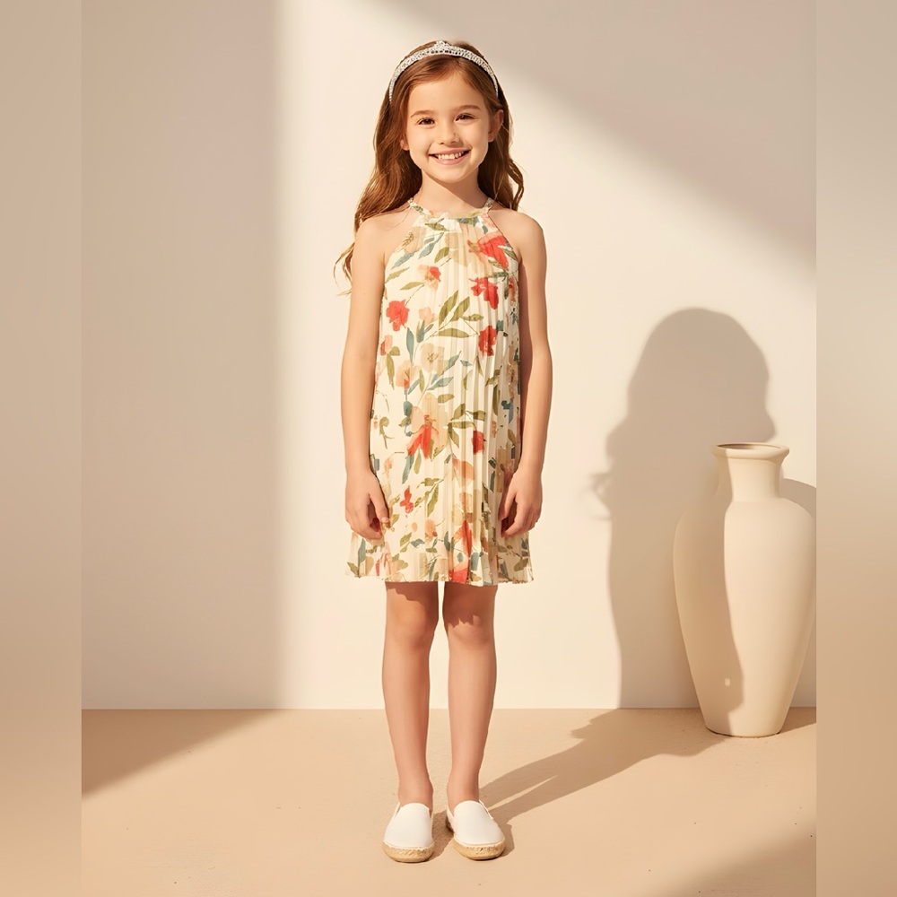 EUC Peyton Bre (GIRL’S) SZ 12 cream/green/red pleated floral dress/bust 32” flat